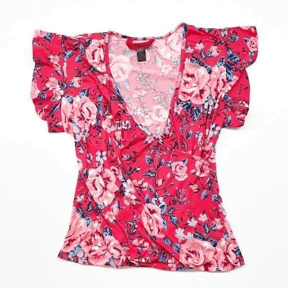 Hot Kiss red floral print wrap top - Picture 1 of 4